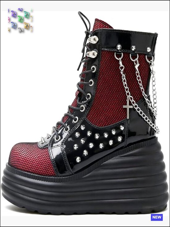Shoes - Gothic Chunky Ankle Boots Platform Lace Up Wedge Heel Zip Punk Combat Booties